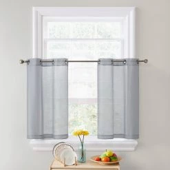 HLC.ME Faux Linen Curtains Lucento Sheer Grommet Cafe Tier Panels (Silver Grey) - Set Of 2