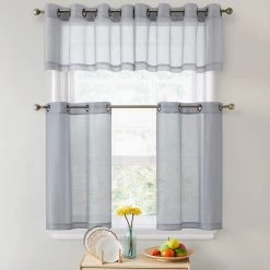 HLC.ME Faux Linen Curtains Lucento Sheer Grommet Cafe Tier Panels (Silver Grey) - Set Of 2