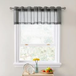 HLC.ME Faux Linen Curtains Lucento Sheer Grommet Valance - Charcoal Grey - Set Of 2
