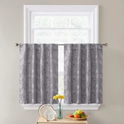 HLC.ME Faux Linen Curtains Serenity Floral 100% Blackout Grommet Tiers - Grey - Set Of 2