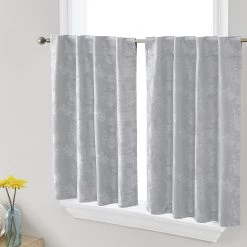 HLC.ME Faux Linen Curtains Serenity Floral 100% Blackout Grommet Tiers - Light Grey - Set Of 2