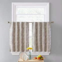 HLC.ME Faux Linen Curtains Serenity Floral 100% Blackout Grommet Tiers - Taupe - Set Of 2