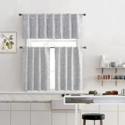 HLC.ME Faux Linen Curtains Serenity Floral 100% Blackout Grommet Tiers - Light Grey - Set Of 2