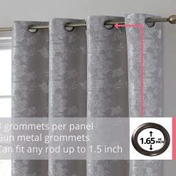 HLC.ME Blackout Curtains Serenity Floral 100% Complete Blackout Grommet Curtains - Grey - Set Of 2