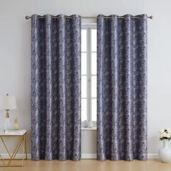 HLC.ME Blackout Curtains Serenity Floral 100% Complete Blackout Grommet Curtains - Navy Blue - Set Of 2