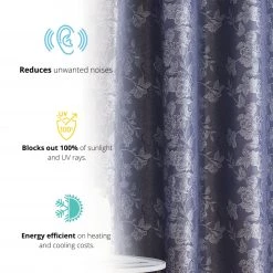 HLC.ME Blackout Curtains Serenity Floral 100% Complete Blackout Grommet Curtains - Navy Blue - Set Of 2