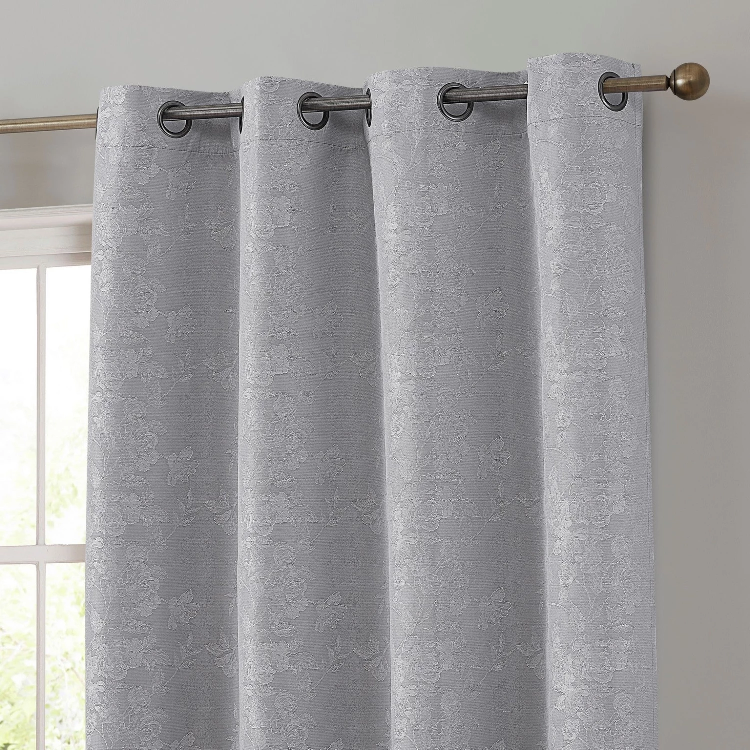 HLC.ME Serenity Floral 100% Complete Blackout Grommet Curtains - Light Grey - Set Of 2 4 HLC.ME Serenity Floral 100% Complete Blackout Grommet Curtains - Light Grey - Set Of 2