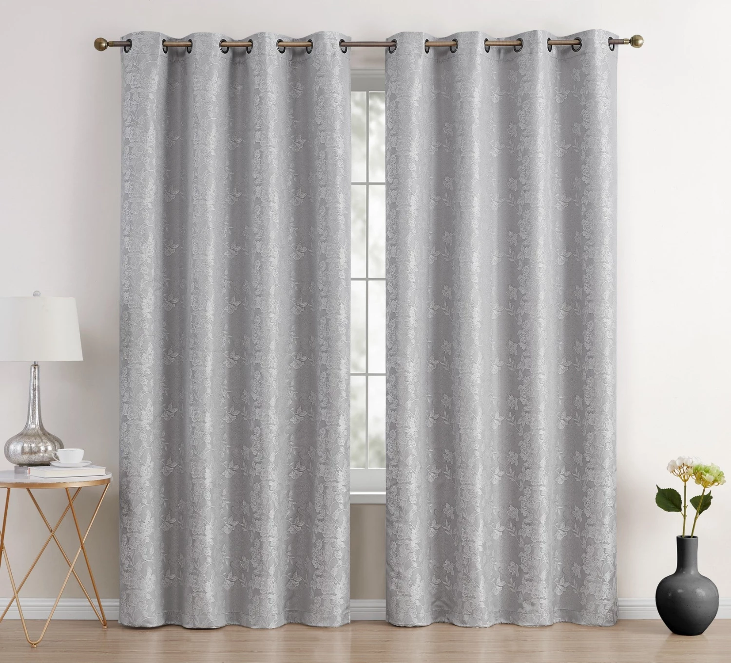 HLC.ME Serenity Floral 100% Complete Blackout Grommet Curtains - Light Grey - Set Of 2 3 HLC.ME Serenity Floral 100% Complete Blackout Grommet Curtains - Light Grey - Set Of 2