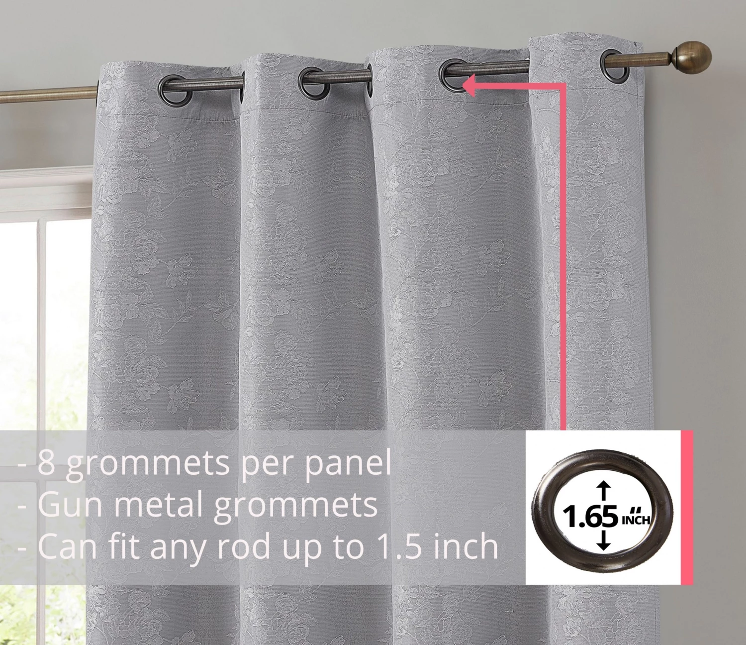 HLC.ME Serenity Floral 100% Complete Blackout Grommet Curtains - Light Grey - Set Of 2 5 HLC.ME Serenity Floral 100% Complete Blackout Grommet Curtains - Light Grey - Set Of 2