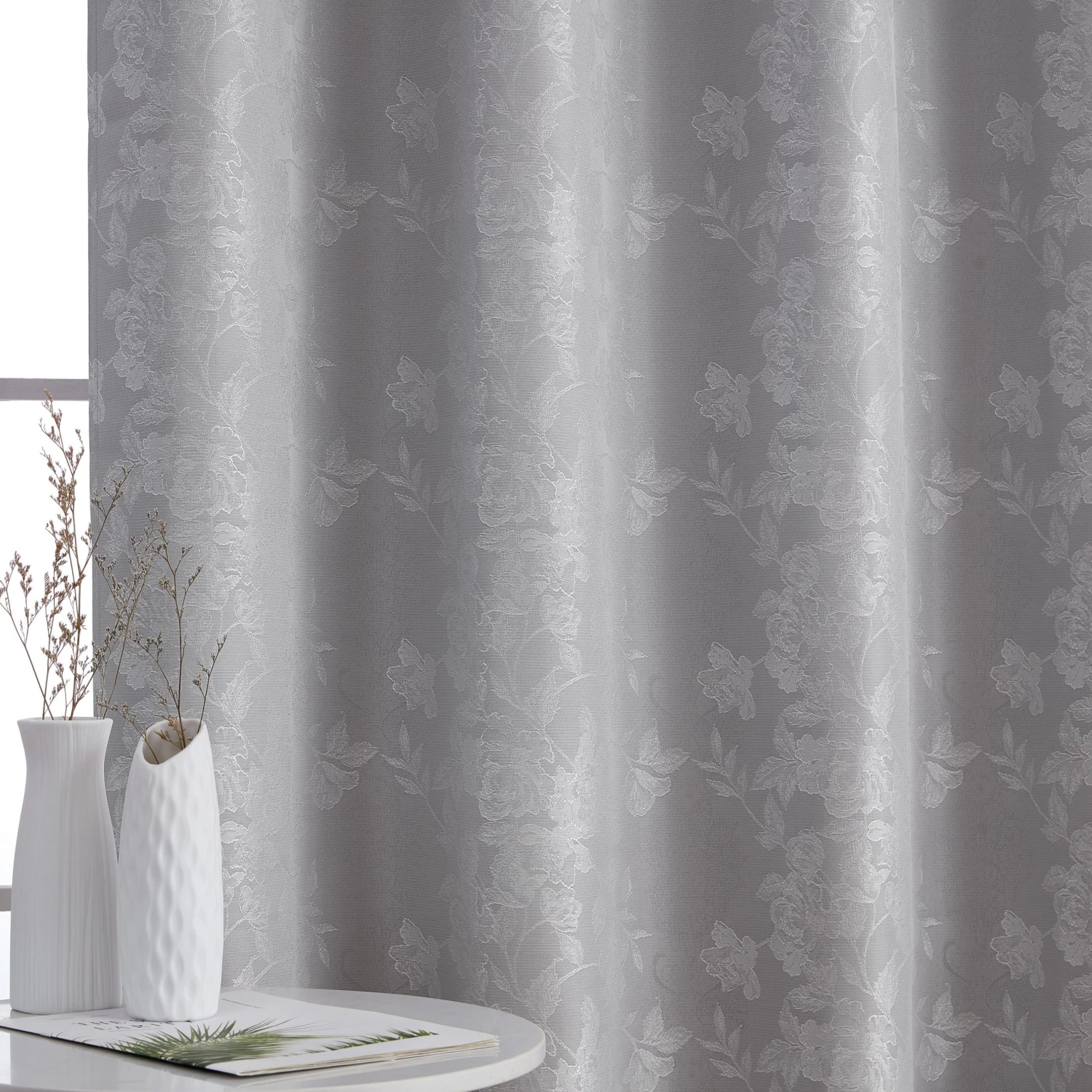 HLC.ME Serenity Floral 100% Complete Blackout Grommet Curtains - Light Grey - Set Of 2 6 HLC.ME Serenity Floral 100% Complete Blackout Grommet Curtains - Light Grey - Set Of 2