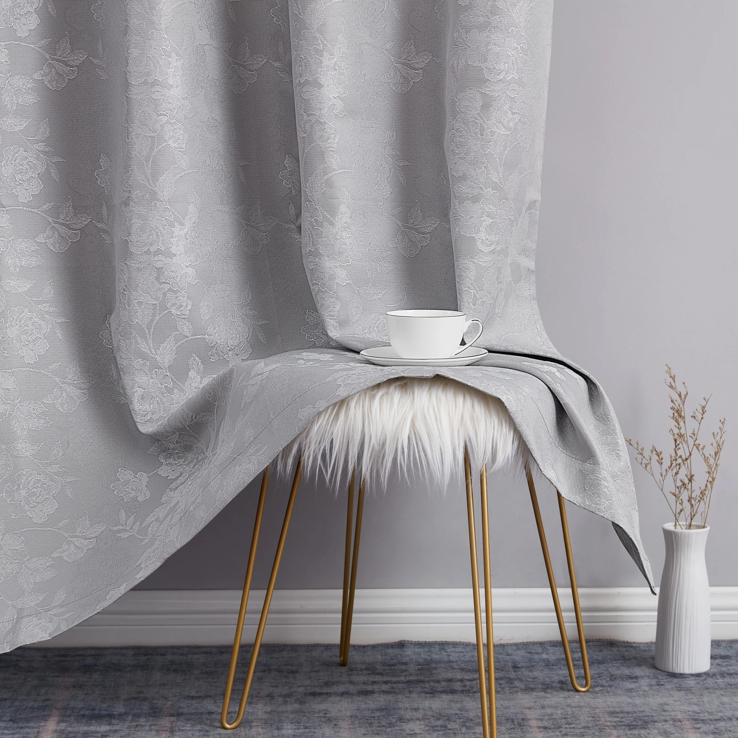 HLC.ME Serenity Floral 100% Complete Blackout Grommet Curtains - Light Grey - Set Of 2 7 HLC.ME Serenity Floral 100% Complete Blackout Grommet Curtains - Light Grey - Set Of 2