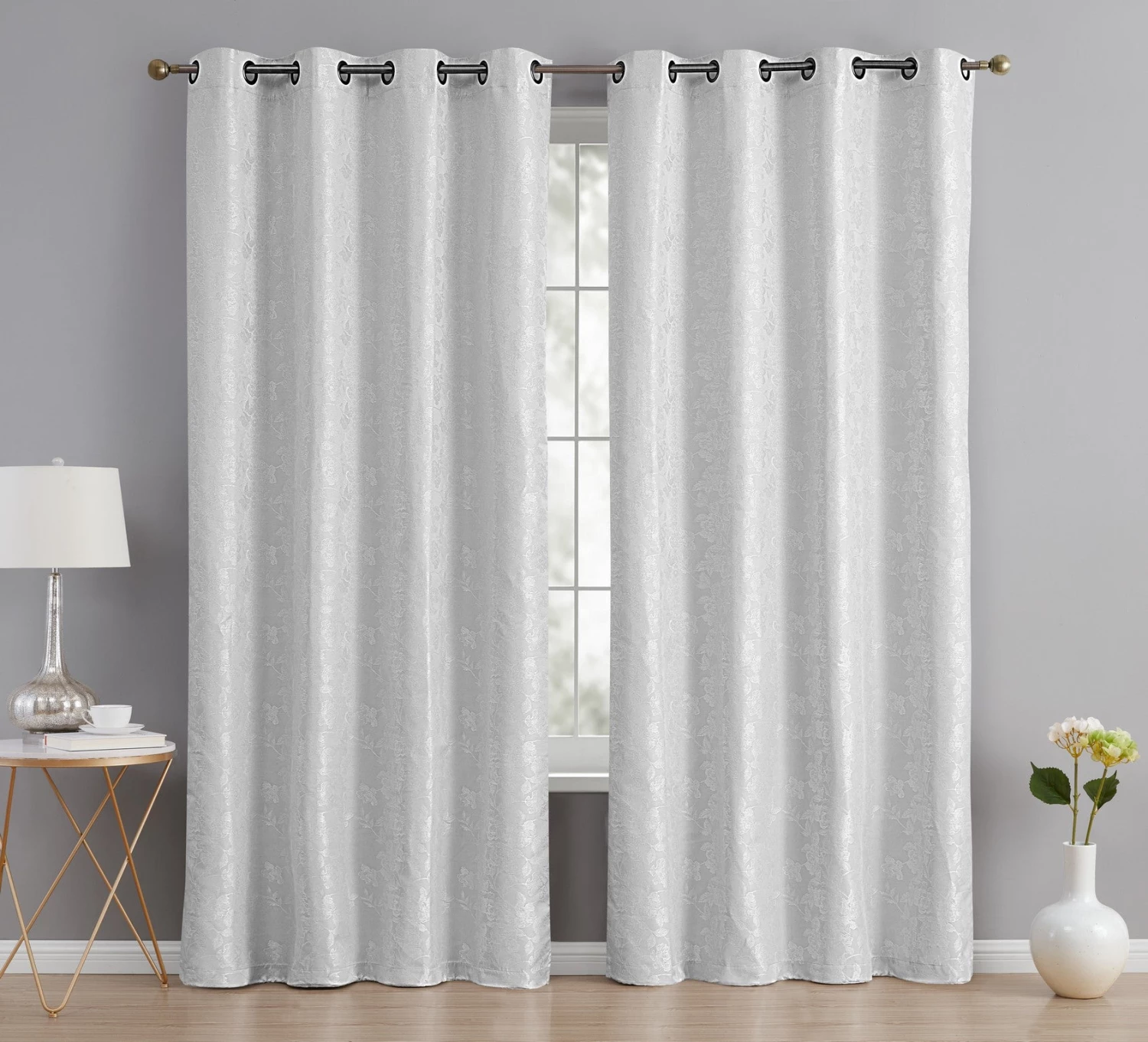 HLC.ME Serenity Floral 100% Complete Blackout Grommet Curtains - White - Set Of 2 3 HLC.ME Serenity Floral 100% Complete Blackout Grommet Curtains - White - Set Of 2