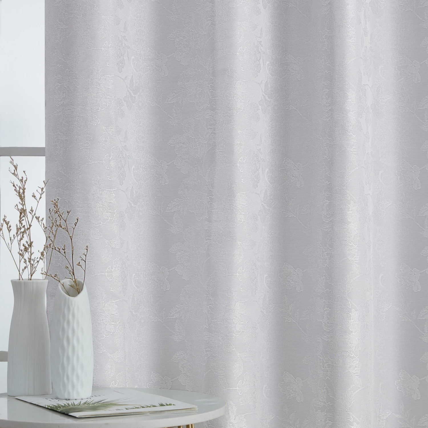 HLC.ME Serenity Floral 100% Complete Blackout Grommet Curtains - White - Set Of 2 6 HLC.ME Serenity Floral 100% Complete Blackout Grommet Curtains - White - Set Of 2