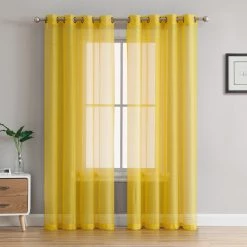 HLC.ME Sheer Grommet Curtain Panels - Bright Yellow - Set Of 2 Sheer Curtains