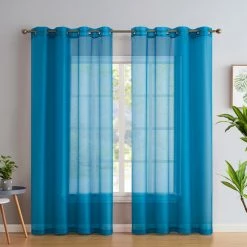 HLC.ME Sheer Grommet Curtain Panels - Turquoise - Set Of 2 Sheer Curtains