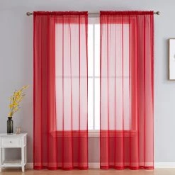 HLC.ME Sheer Curtains Lucento Sheer Rod Pocket Curtain Panels - Red - Set Of 2