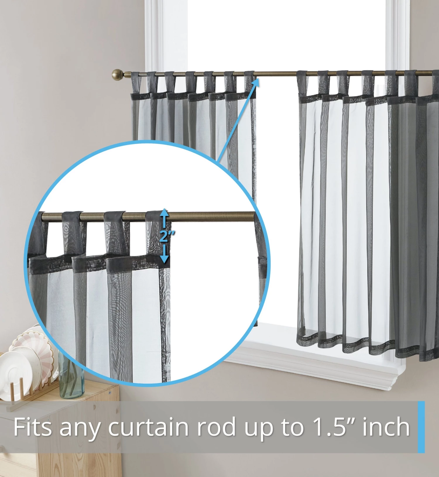 HLC.ME Faux Linen Curtains Lucento Sheer Tab Top Tiers - Charcoal Grey - Set Of 2 4 HLC.ME Faux Linen Curtains Lucento Sheer Tab Top Tiers - Charcoal Grey - Set Of 2