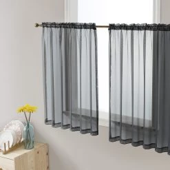 HLC.ME Lucento Sheer Rod Pocket Cafe Tier Panels - Charcoal Grey - Set Of 2 Faux Linen Curtains