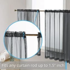HLC.ME Lucento Sheer Rod Pocket Cafe Tier Panels - Charcoal Grey - Set Of 2 Faux Linen Curtains