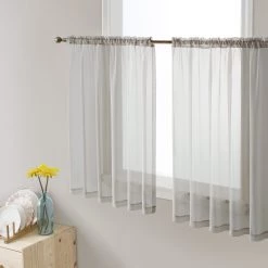 HLC.ME Lucento Sheer Rod Pocket Cafe Tier Panels - Silver - Set Of 2 Faux Linen Curtains