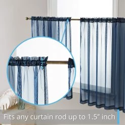 HLC.ME Lucento Sheer Rod Pocket Cafe Tier Panels - Navy Blue - Set Of 2 Faux Linen Curtains
