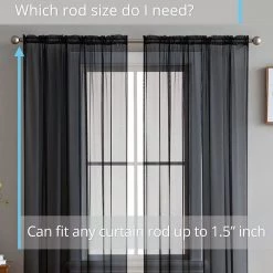 HLC.ME Lucento Sheer Rod Pocket Curtain Panels - Black - Set Of 2 Sheer Curtains