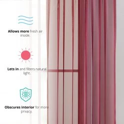 HLC.ME Lucento Sheer Rod Pocket Curtain Panels - Burgundy - Set Of 2 Sheer Curtains