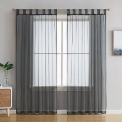 HLC.ME Lucento Sheer Tab Top Curtain Panels - Charcoal Grey - Set Of 2