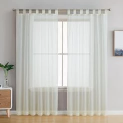 HLC.ME Lucento Sheer Tab Top Curtain Panels - Ivory - Set Of 2