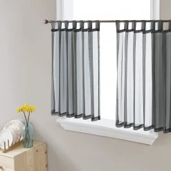 HLC.ME Faux Linen Curtains Lucento Sheer Tab Top Tiers - Charcoal Grey - Set Of 2