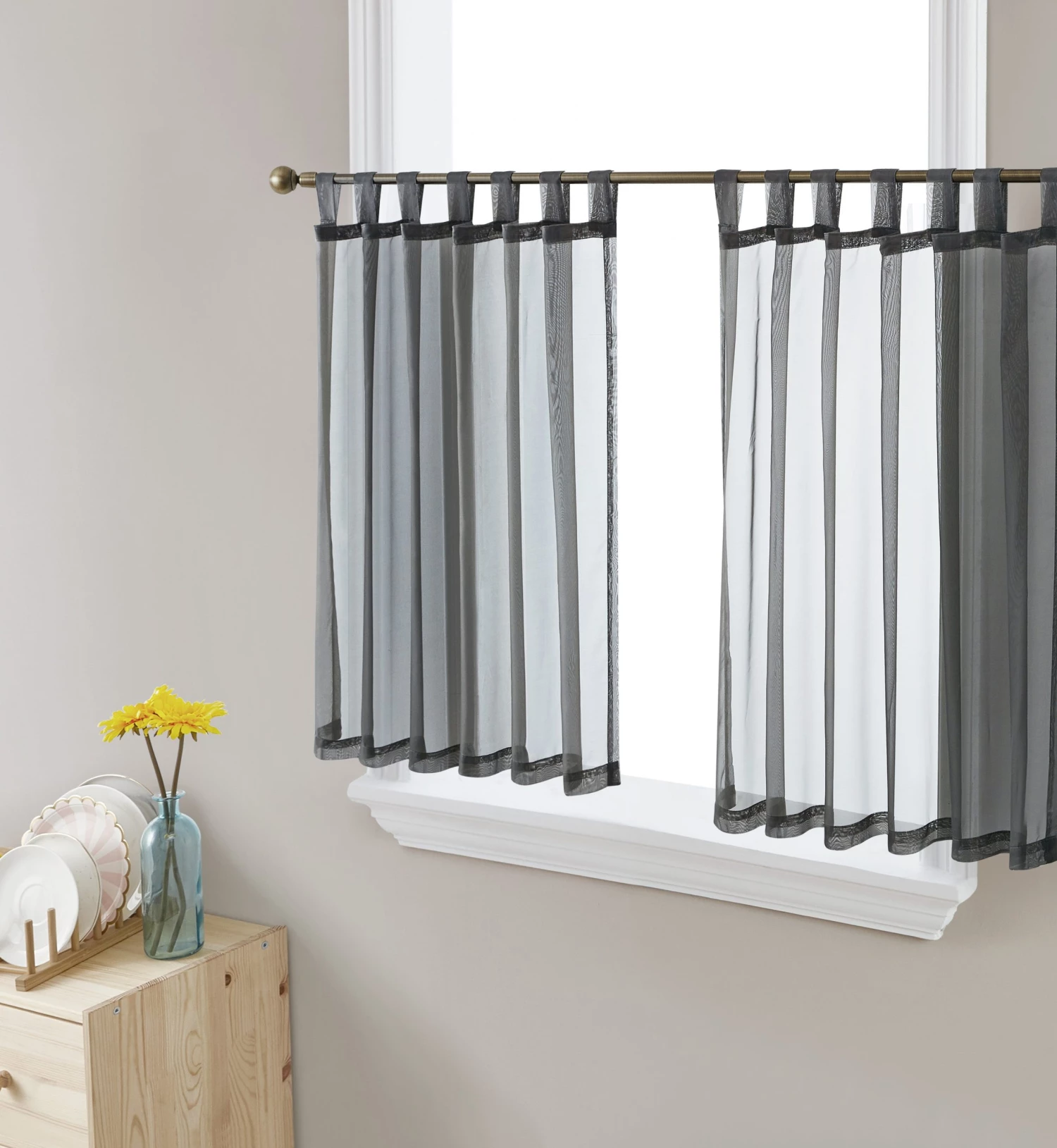 HLC.ME Faux Linen Curtains Lucento Sheer Tab Top Tiers - Charcoal Grey - Set Of 2 3 HLC.ME Faux Linen Curtains Lucento Sheer Tab Top Tiers - Charcoal Grey - Set Of 2