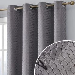 HLC.ME Siena Geometric 100% Blackout Grommet Curtains - Charcoal - Set Of 2 Blackout Curtains