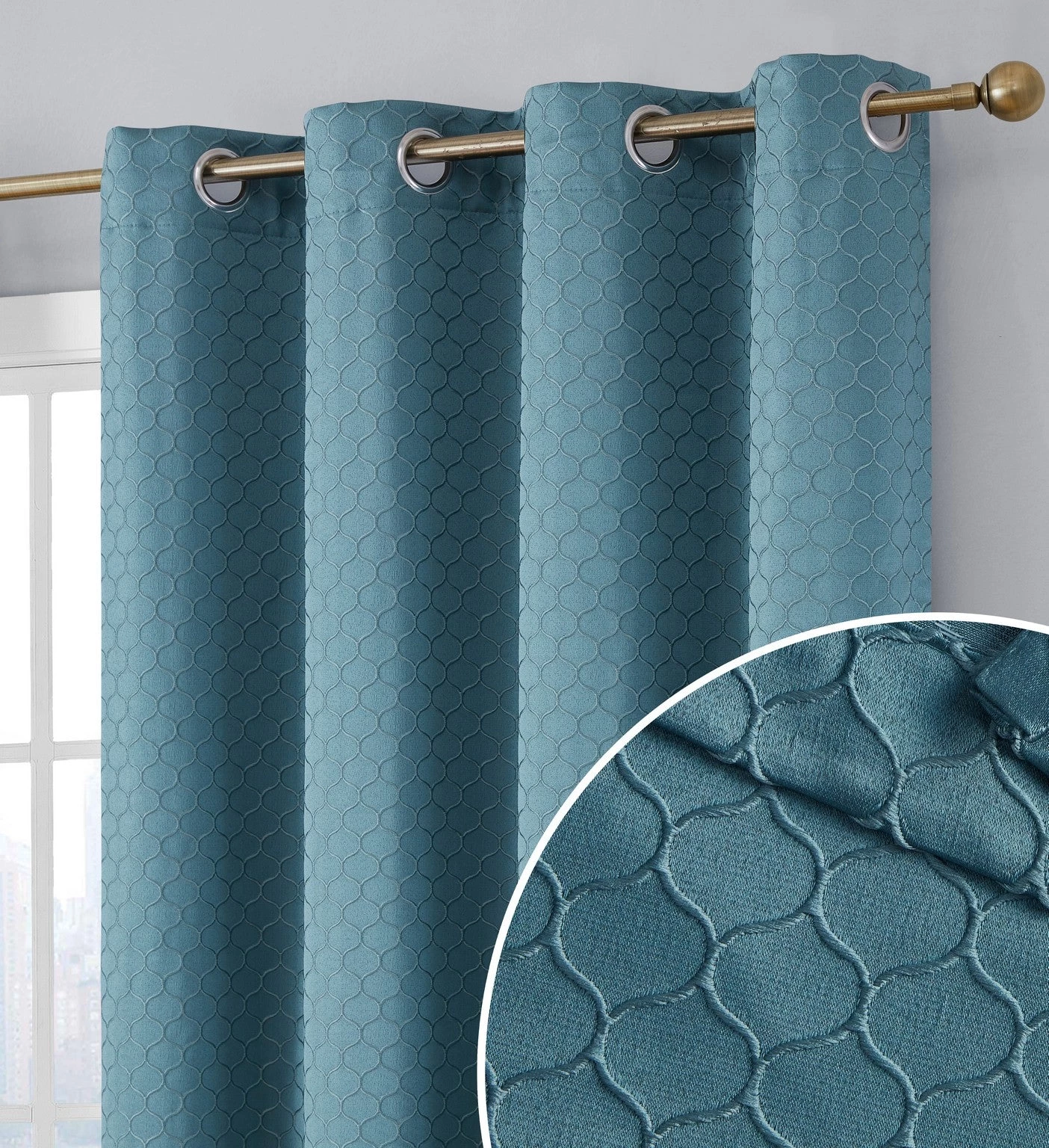 HLC.ME Siena Geometric 100% Blackout Grommet Curtains - Teal - Set Of 2 3 HLC.ME Siena Geometric 100% Blackout Grommet Curtains - Teal - Set Of 2