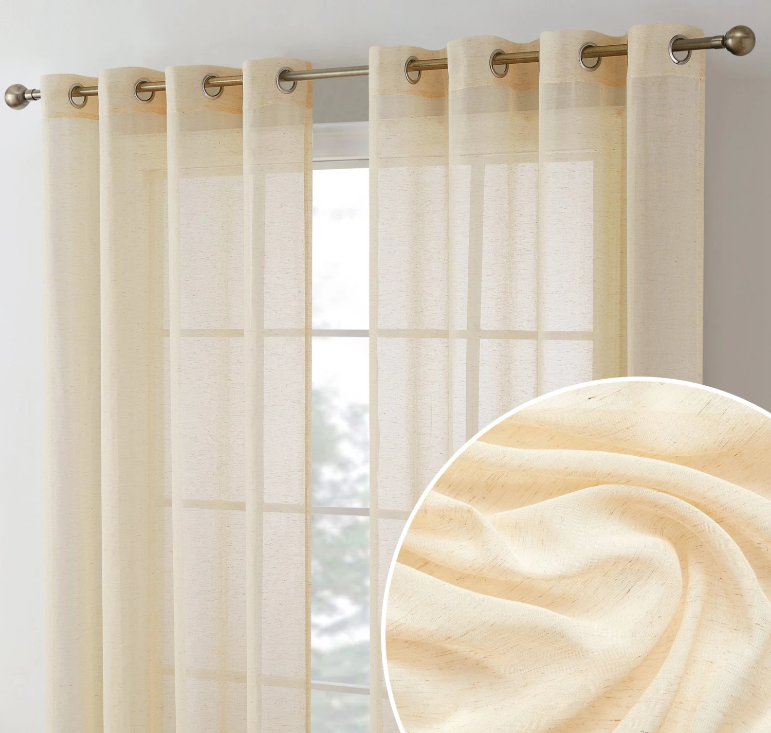 HLC.ME Sierra Linen Sheer Grommet Curtain Panels - Beige - Set Of 2 3 HLC.ME Sierra Linen Sheer Grommet Curtain Panels - Beige - Set Of 2