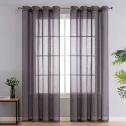 HLC.ME Sierra Linen Sheer Grommet Curtain Panels - Charcoal Grey - Set Of 2 Sheer Curtains