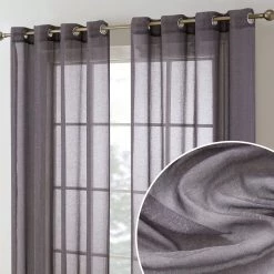 HLC.ME Sierra Linen Sheer Grommet Curtain Panels - Charcoal Grey - Set Of 2 Sheer Curtains
