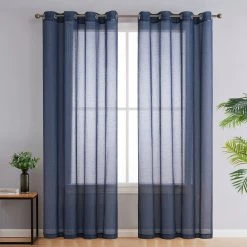 HLC.ME Sierra Linen Sheer Grommet Curtain Panels - Navy Blue - Set Of 2