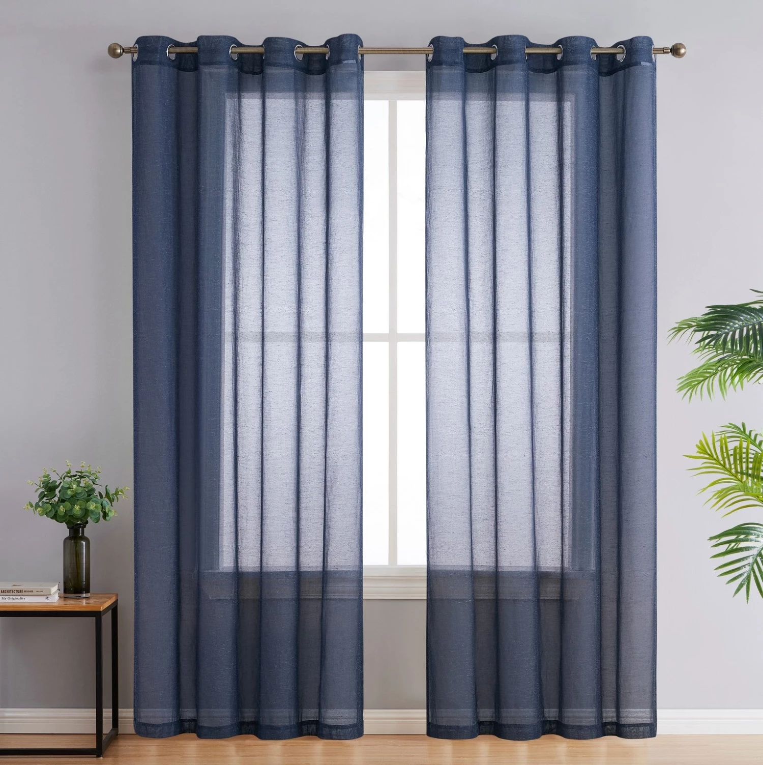 HLC.ME Sierra Linen Sheer Grommet Curtain Panels - Navy Blue - Set Of 2 4 HLC.ME Sierra Linen Sheer Grommet Curtain Panels - Navy Blue - Set Of 2
