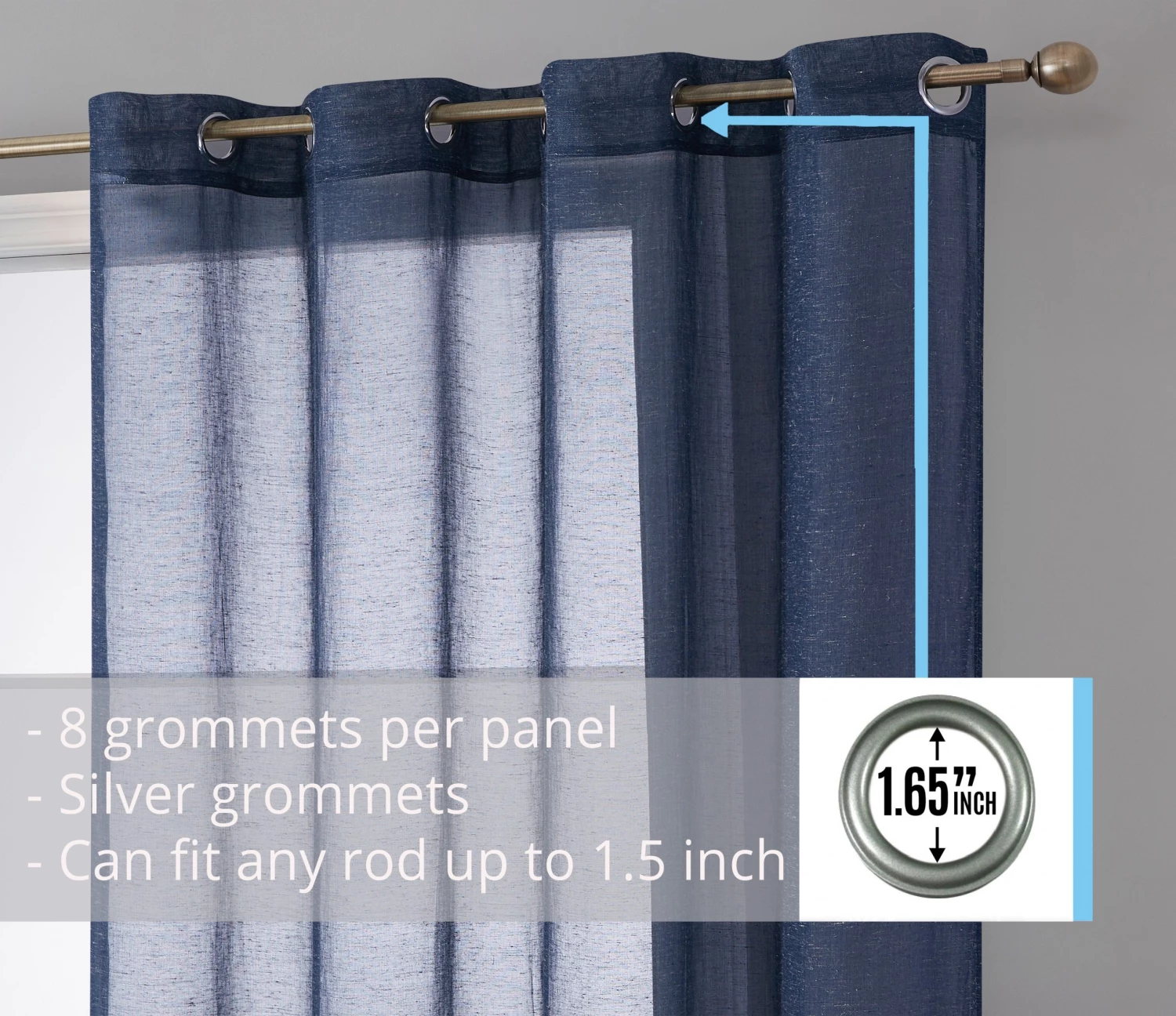 HLC.ME Sierra Linen Sheer Grommet Curtain Panels - Navy Blue - Set Of 2 5 HLC.ME Sierra Linen Sheer Grommet Curtain Panels - Navy Blue - Set Of 2