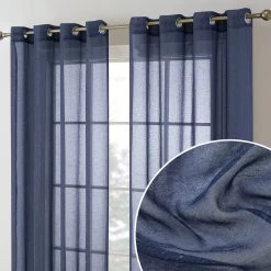 HLC.ME Sierra Linen Sheer Grommet Curtain Panels - Navy Blue - Set Of 2