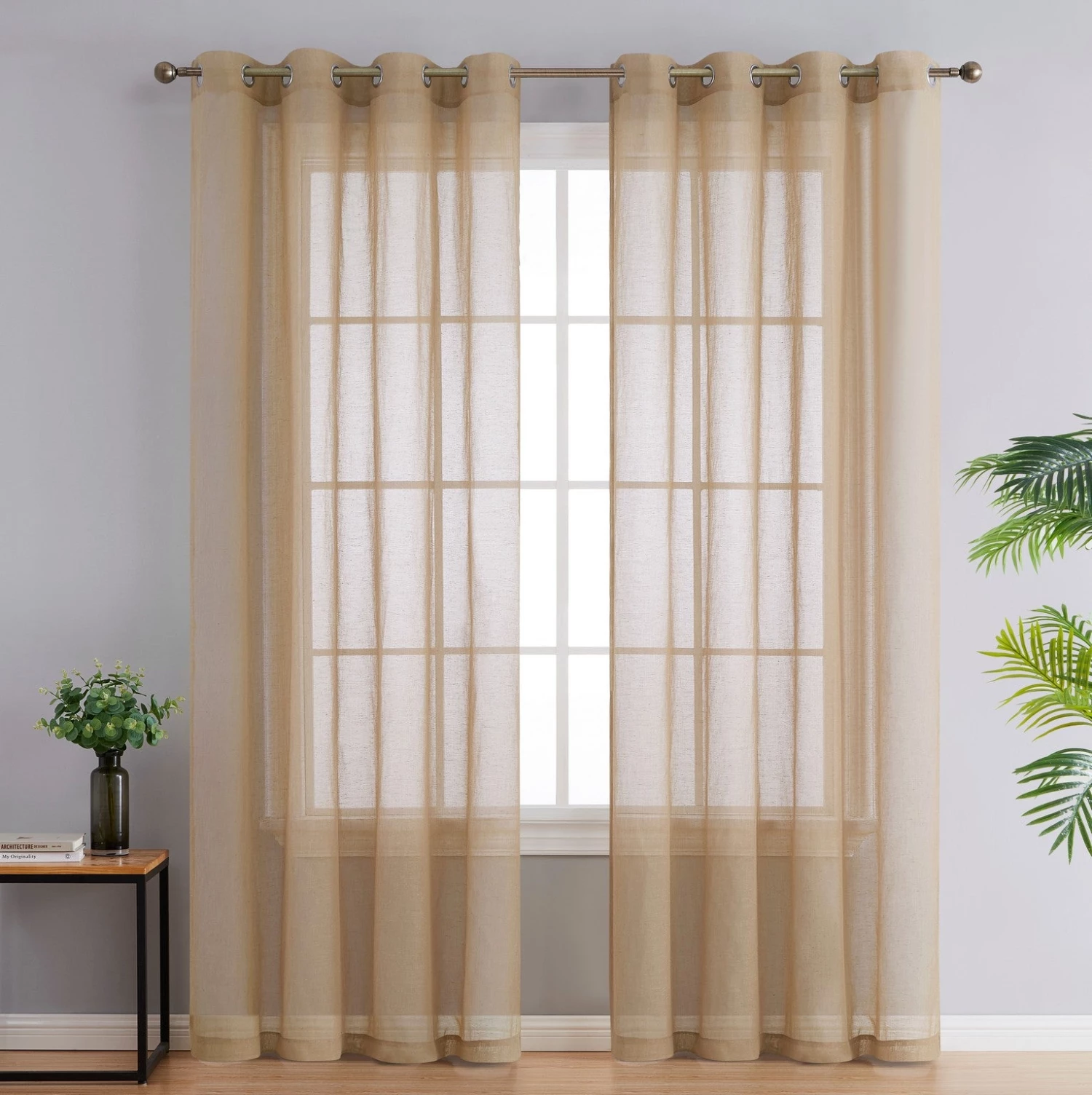 HLC.ME Sierra Linen Sheer Grommet Curtain Panels - Taupe - Set Of 2 4 HLC.ME Sierra Linen Sheer Grommet Curtain Panels - Taupe - Set Of 2