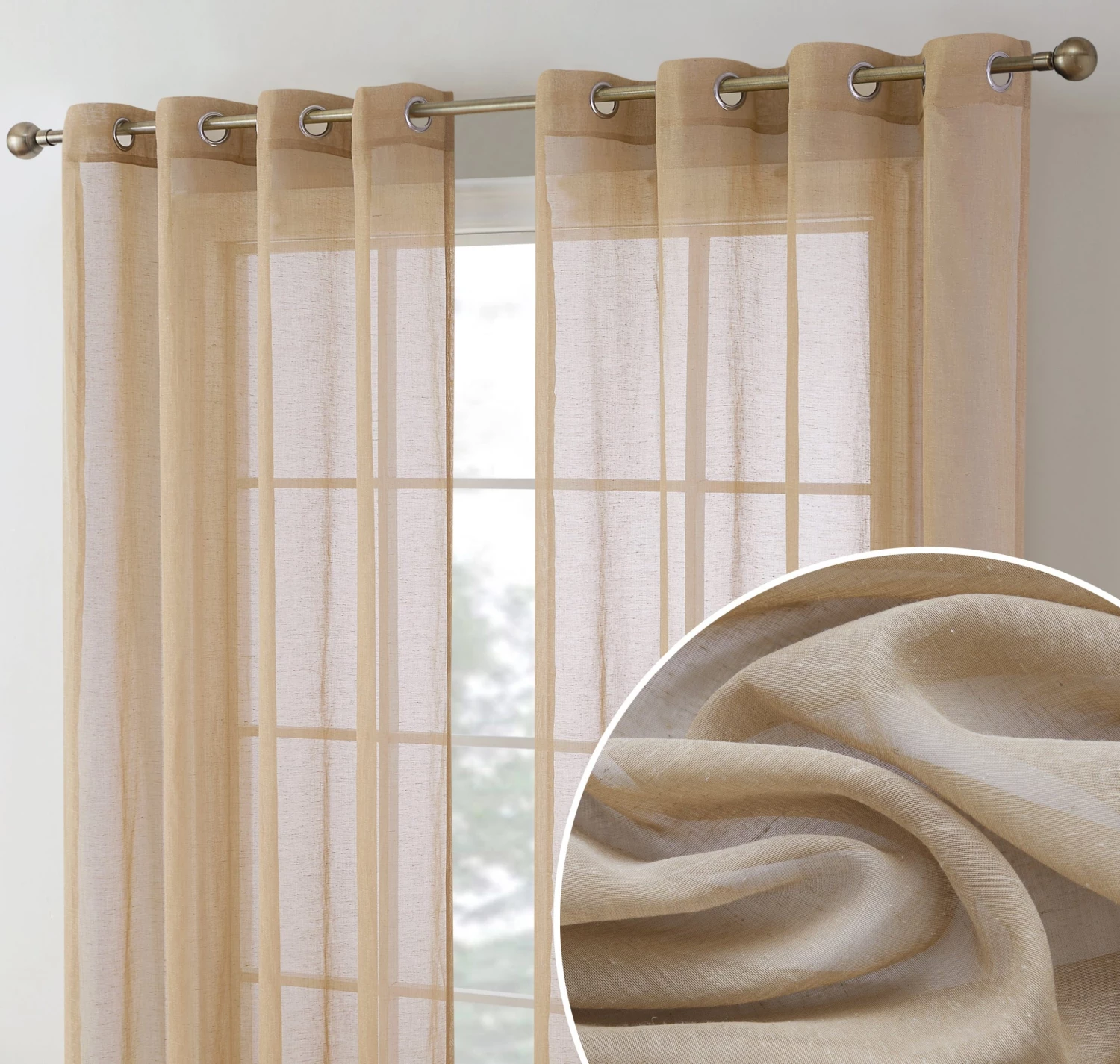 HLC.ME Sierra Linen Sheer Grommet Curtain Panels - Taupe - Set Of 2 3 HLC.ME Sierra Linen Sheer Grommet Curtain Panels - Taupe - Set Of 2