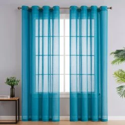 HLC.ME Sheer Curtains Sierra Linen Sheer Grommet Curtain Panels - Teal Blue - Set Of 2