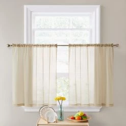 HLC.ME Lucento Sheer Rod Pocket Cafe Tier Panels - Antique Taupe - Set Of 2 Faux Linen Curtains
