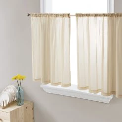 HLC.ME Lucento Sheer Rod Pocket Cafe Tier Panels - Antique Taupe - Set Of 2 Faux Linen Curtains