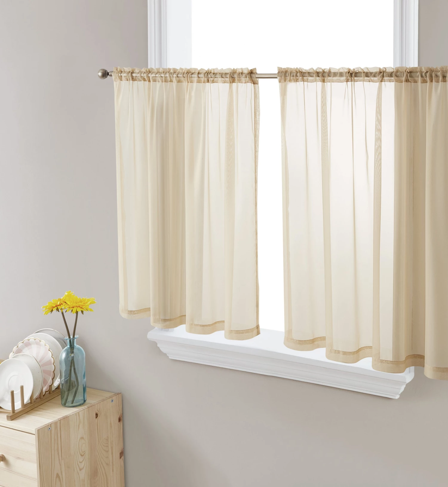HLC.ME Lucento Sheer Rod Pocket Cafe Tier Panels - Antique Taupe - Set Of 2 Faux Linen Curtains 4 HLC.ME Lucento Sheer Rod Pocket Cafe Tier Panels - Antique Taupe - Set Of 2 Faux Linen Curtains