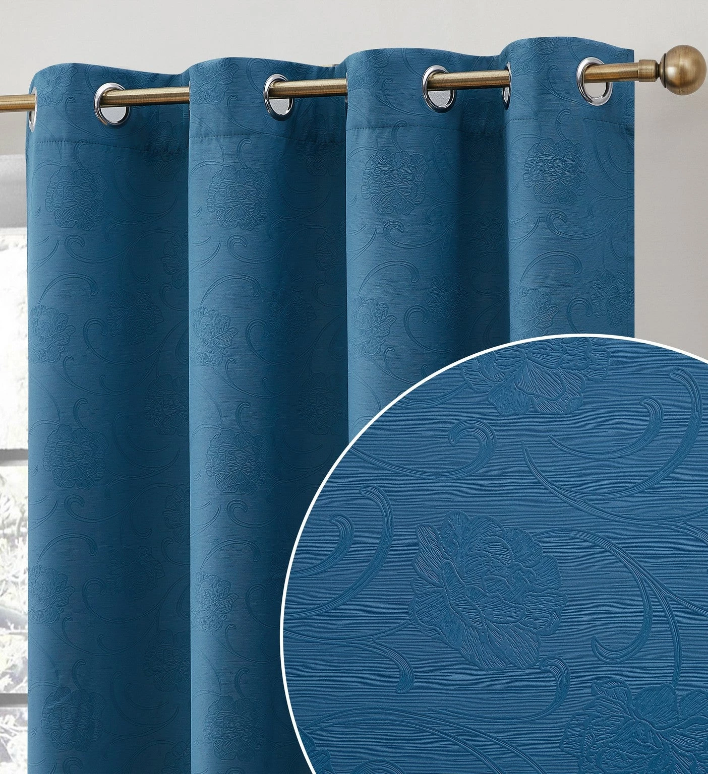 HLC.ME Taylor Floral Blackout Grommet Curtain Panels - Teal Blue - Set Of 2 3 HLC.ME Taylor Floral Blackout Grommet Curtain Panels - Teal Blue - Set Of 2