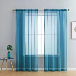 HLC.ME Lucento Sheer Rod Pocket Curtain Panels - Teal Blue - Set Of 2