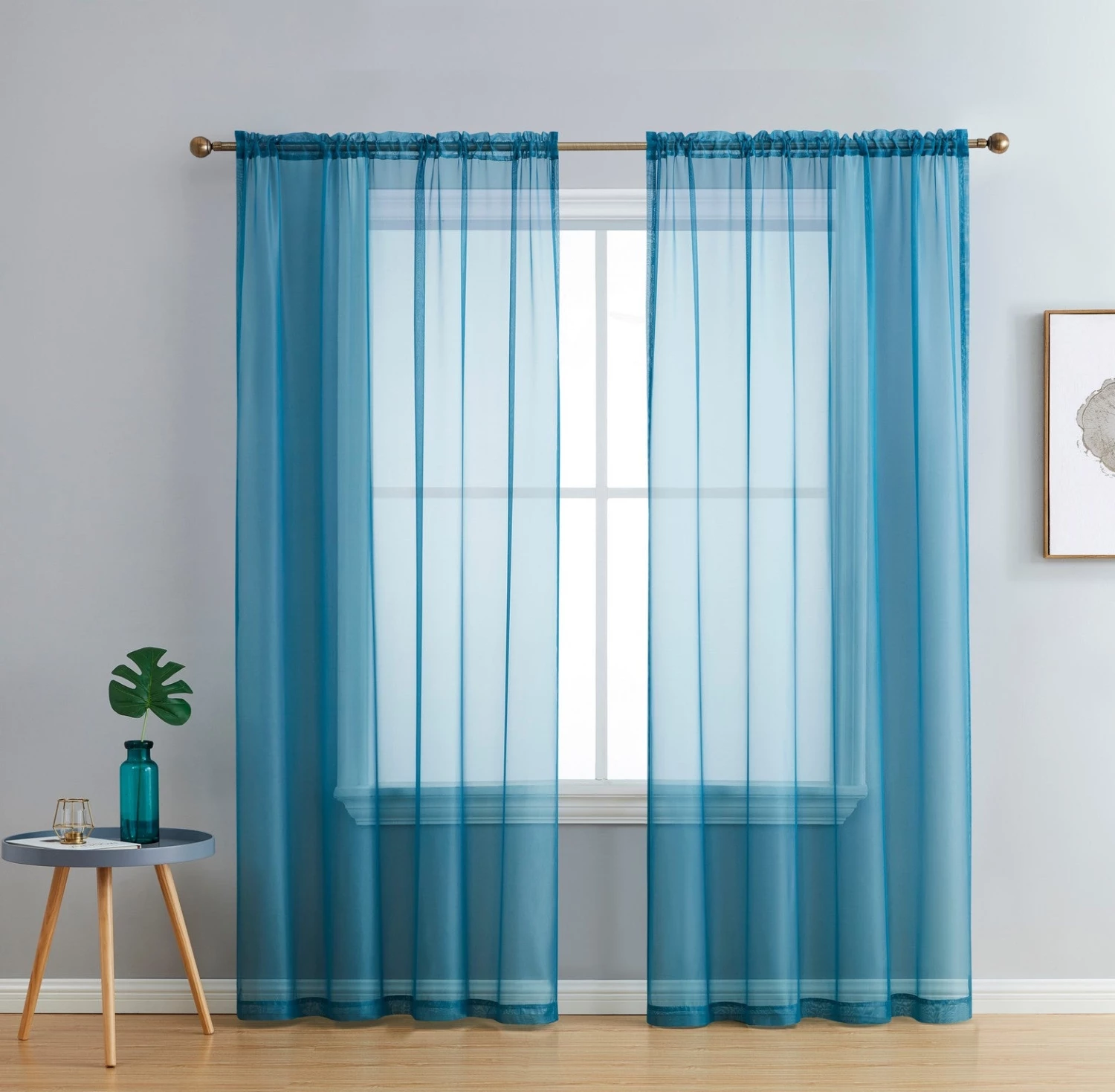 HLC.ME Lucento Sheer Rod Pocket Curtain Panels - Teal Blue - Set Of 2 3 HLC.ME Lucento Sheer Rod Pocket Curtain Panels - Teal Blue - Set Of 2