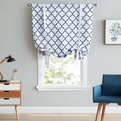 HLC.ME Faux Linen Curtains Lattice Print Blackout Tie Up Balloon Shade Valance - Platinum White & Navy